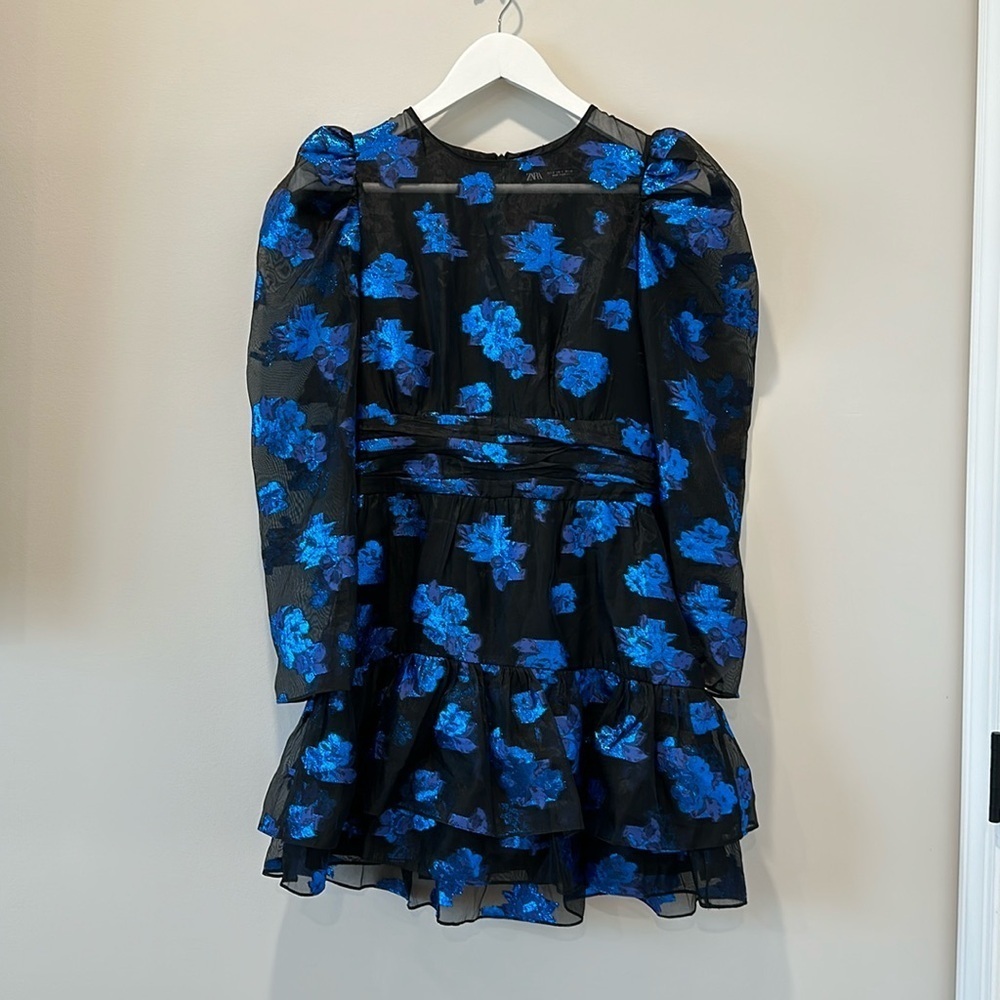 Zara Black Tiered Ruffle Organza Blue Floral Long Sleeve Mini Dress Size Small - Picture 5 of 11